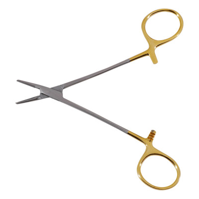 Halsey needle holder, 5 1/4'', straight, serrated TC jaws, gold ring  handle, left handed